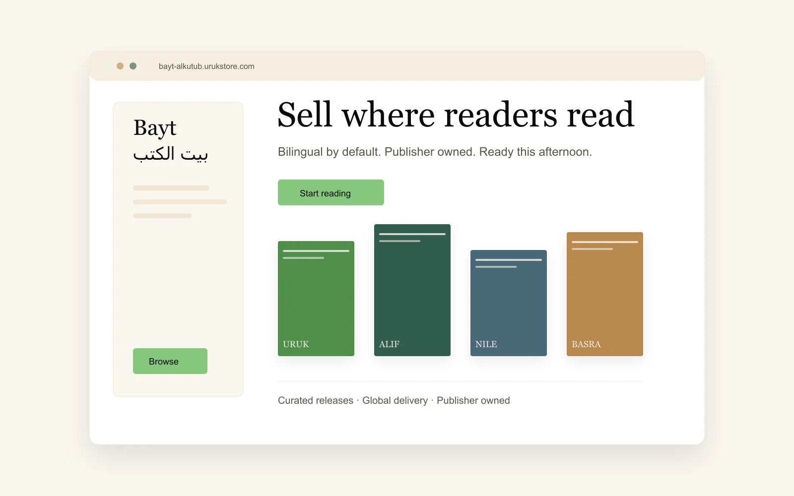 A refined URUK publisher storefront mockup on a desktop screen